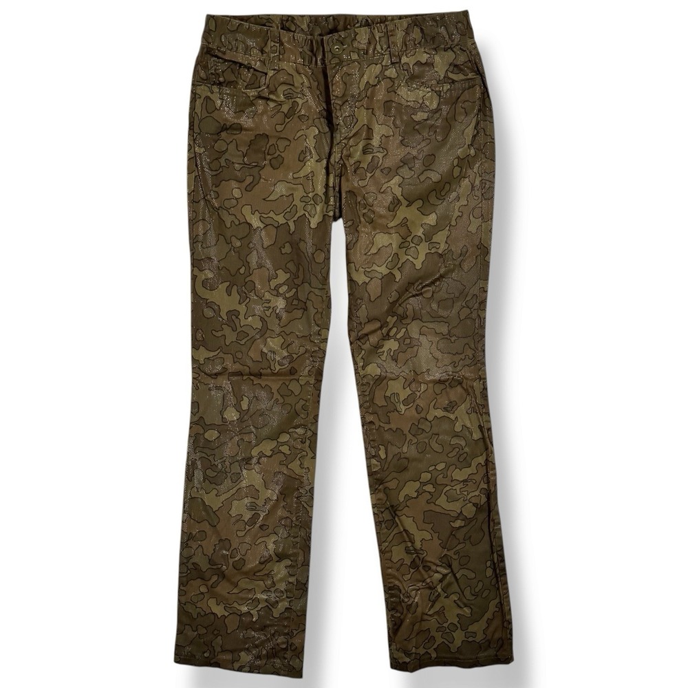 Y2K Express Camo Bootcut Pants Size 3 4 Metallic Funky Anime Green Retro Vintage